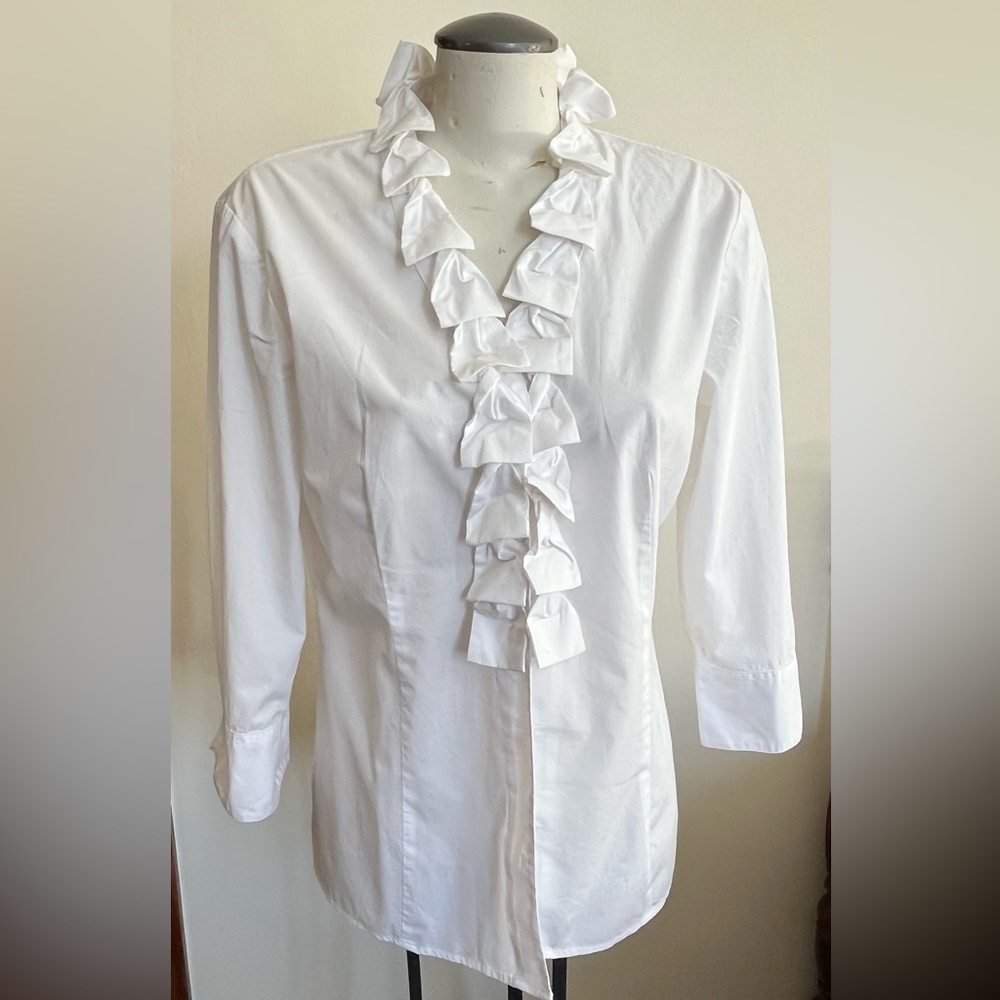 Talbots White Ruffle Cotton Button-up Blouse - Size 12
